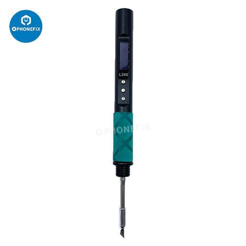 Silver 65W portable digital soldering pen from JBC 245, ideal for BGA soldering, shown with detailed tip and ergonomic design.