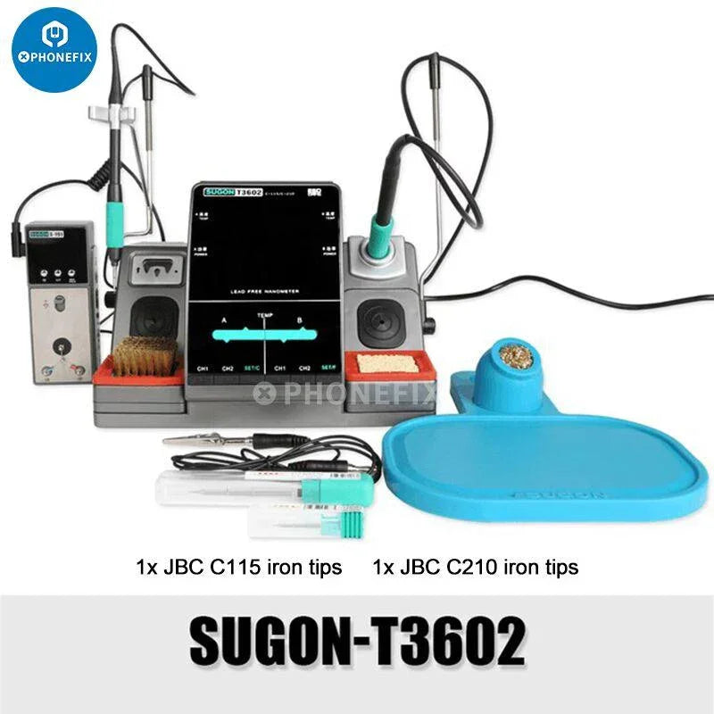 Phonefix SUGON T3602 BGA soldering station with JBC T115 and T210 iron tips for precise electronic soldering.