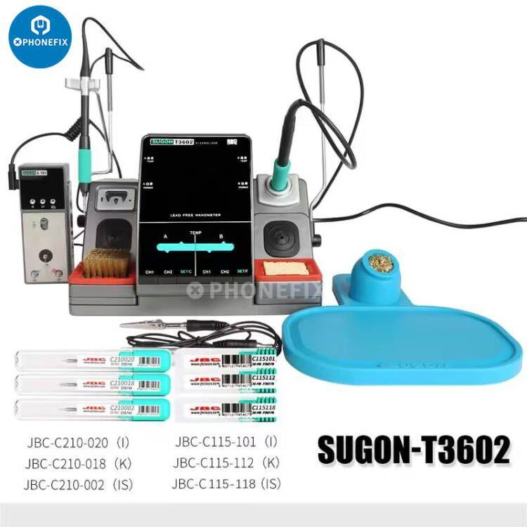 SUGON T3602 BGA soldering station with JBC T115 and T210 iron tips, compact electronic repair tool for precise soldering.