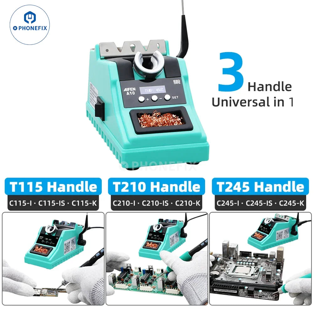 AIFEN A10 BGA soldering station with C210, C245, C115 iron tips and PHONEFIX branding, showing the main station unit and tips.