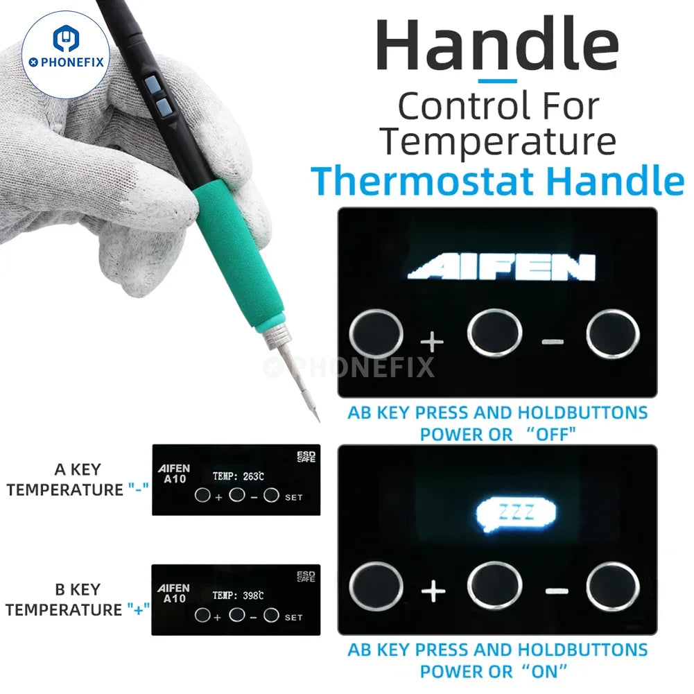 PhoneFix AIFEN A10 BGA soldering station with C210, C245, C115 iron tips for precise electronics repair.
