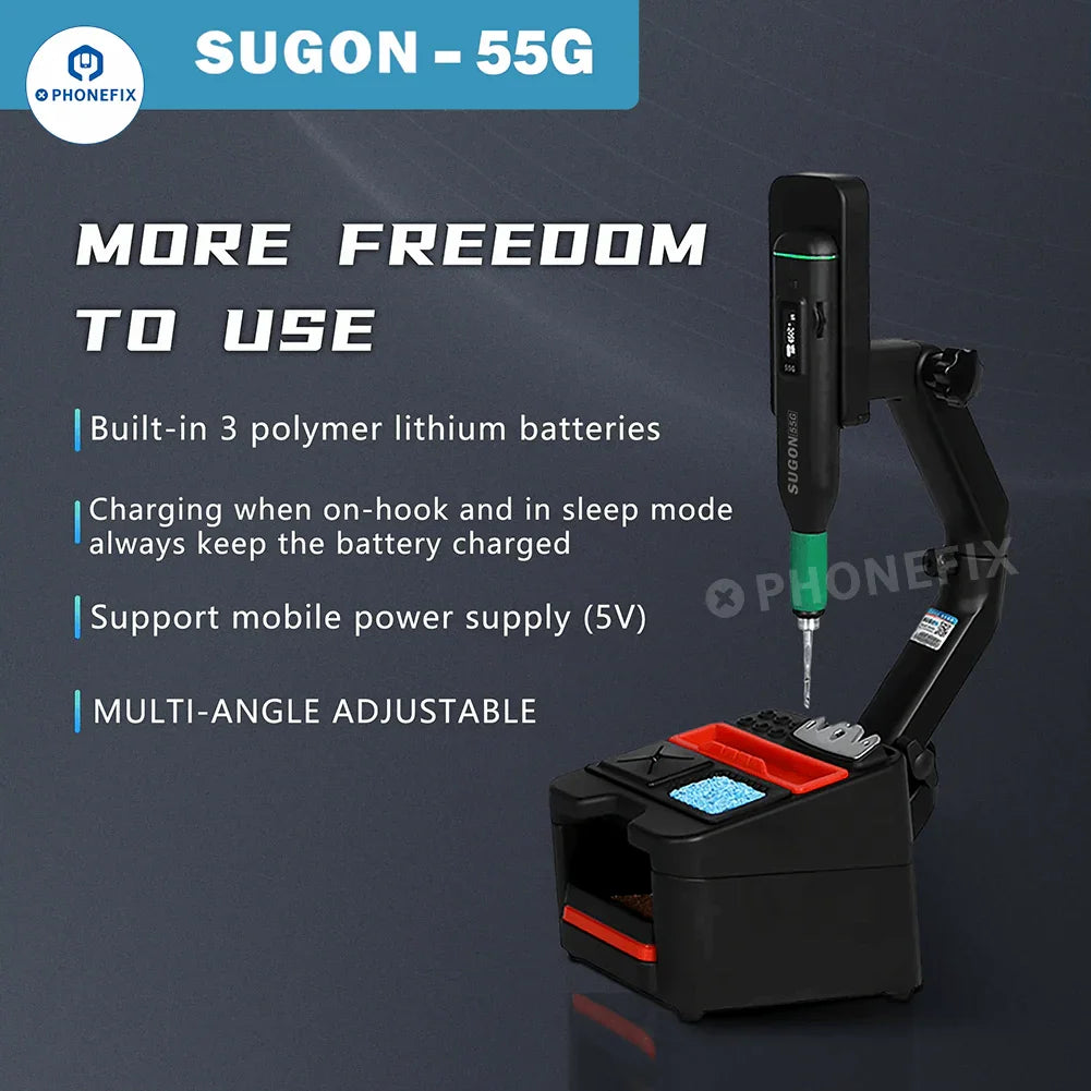 SUGON 55G wireless BGA soldering station by PHONEFIX with JBC C210 tips, shown with soldering iron and accessories.