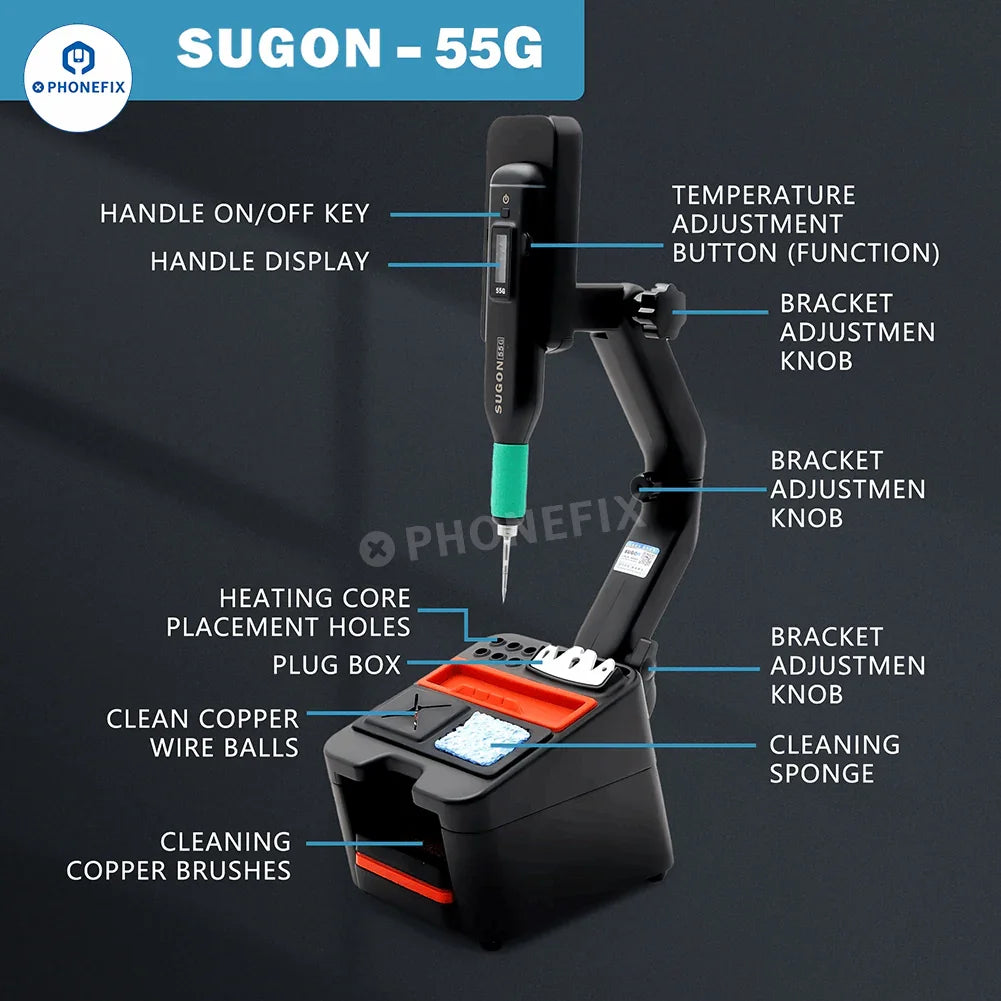 SUGON 55G wireless BGA soldering station by PHONEFIX with JBC C210 tips for precise soldering work.