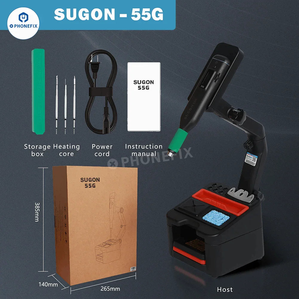 Wireless SUGON 55G BGA Soldering Station by PHONEFIX with JBC C210 tips, shown with soldering tools and accessories.