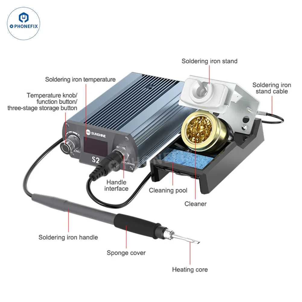 PHONEFIX Sunshine S1/S2 BGA Soldering Station with T210 Tweezers for precise rework, showing the station and tweezers in use.