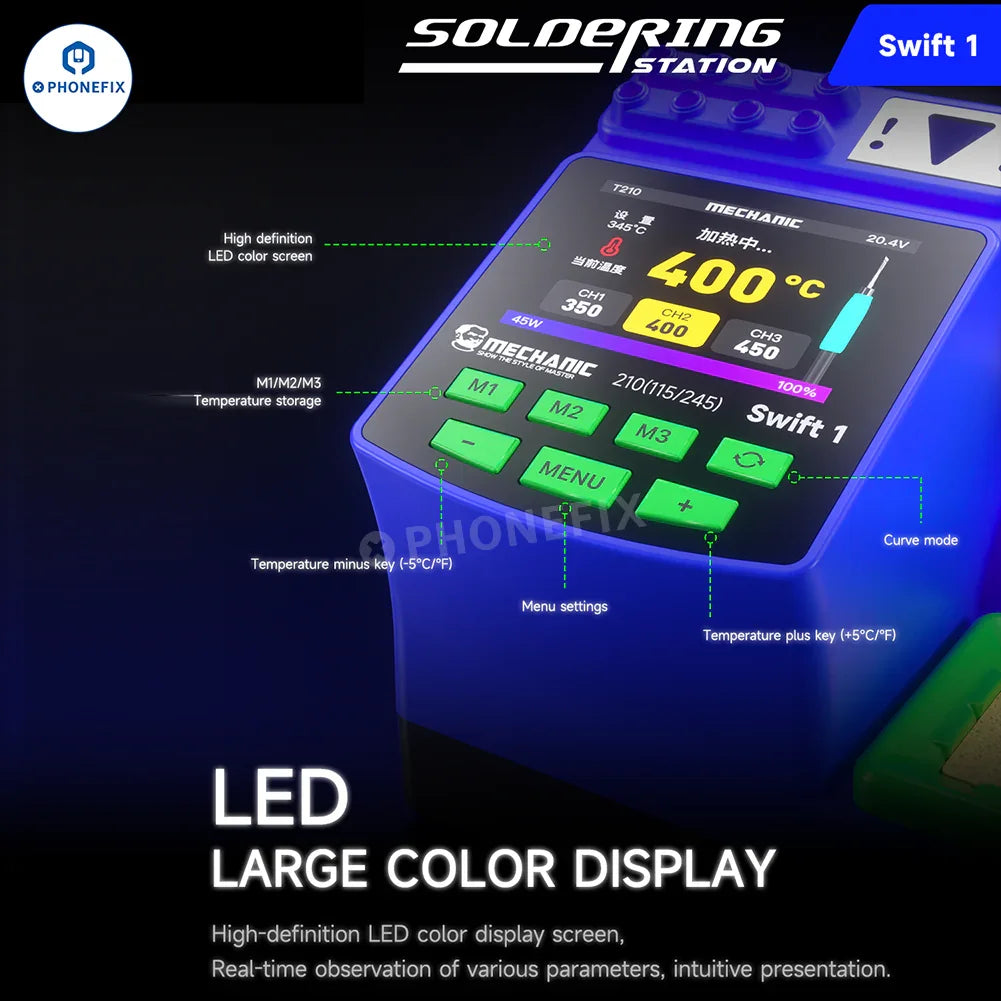 PhoneFix MECHANIC Swift 1 BGA soldering station with digital display and precision temperature control for electronics repair.