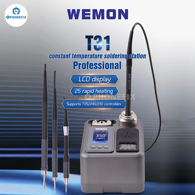 WEMON T31 BGA soldering station with compatible C115 C210 C245 iron tips, used for precise electronic soldering tasks.