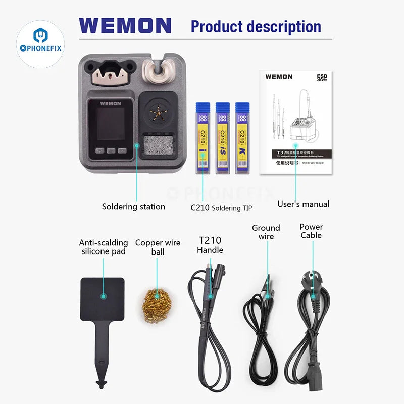 WEMON T31 BGA soldering station with three compatible iron tips for C115, C210, C245 models, used for precise electronic repairs.