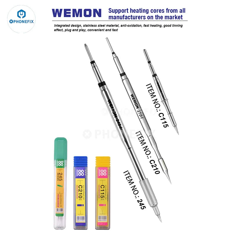 WEMON T31 BGA soldering station with PHONEFIX compatible C115, C210, C245 iron tips for precise circuit board repair.