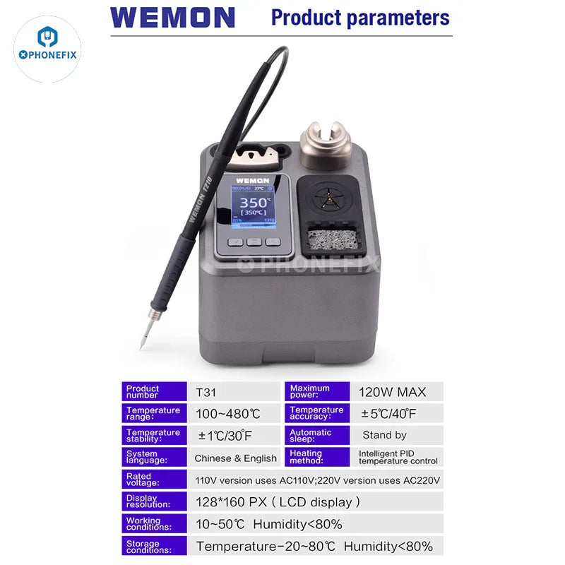 WEMON T31 BGA soldering station compatible with C115, C210, C245 iron tips, by PHONEFIX, with three tips shown in the image.