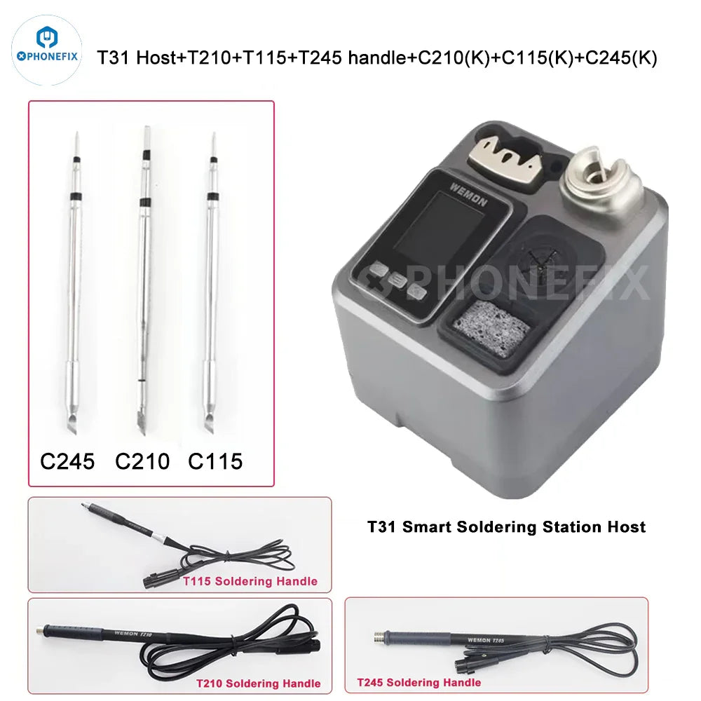 WEMON T31 BGA soldering station by PHONEFIX with three compatible C115, C210, C245 iron tips for precise electronics repairs.