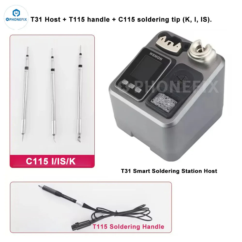 WEMON T31 BGA soldering station by PHONEFIX with three compatible iron tips for C115, C210, C245 models, 110V.