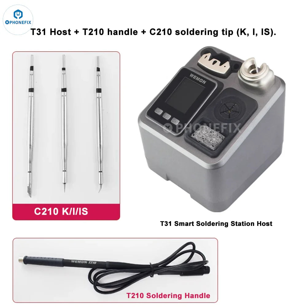 WEMON T31 BGA soldering station by PHONEFIX with three compatible C115, C210, C245 iron tips for precise electronic repairs.