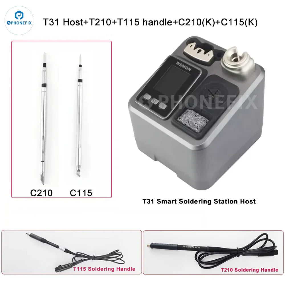 WEMON T31 BGA Soldering Station with PHONEFIX compatible C115, C210, C245 iron tips for precise soldering work.