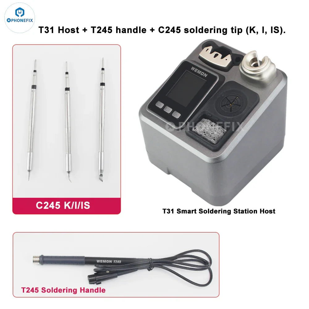 WEMON T31 BGA soldering station with compatible C115, C210, C245 iron tips for precise electronics repair.