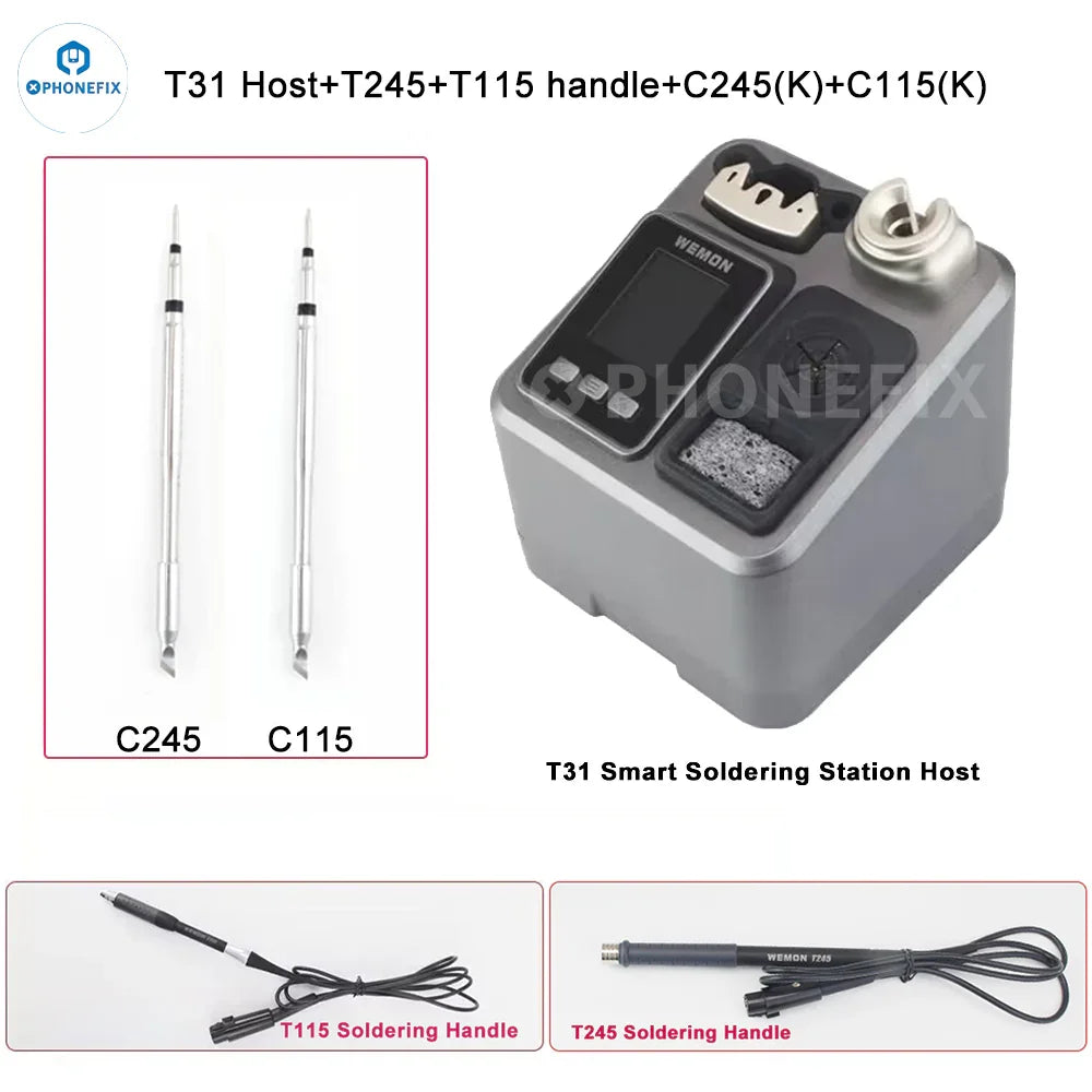 WEMON T31 BGA soldering station compatible with C115, C210, C245 iron tips, by PHONEFIX, with three soldering tips and control unit.