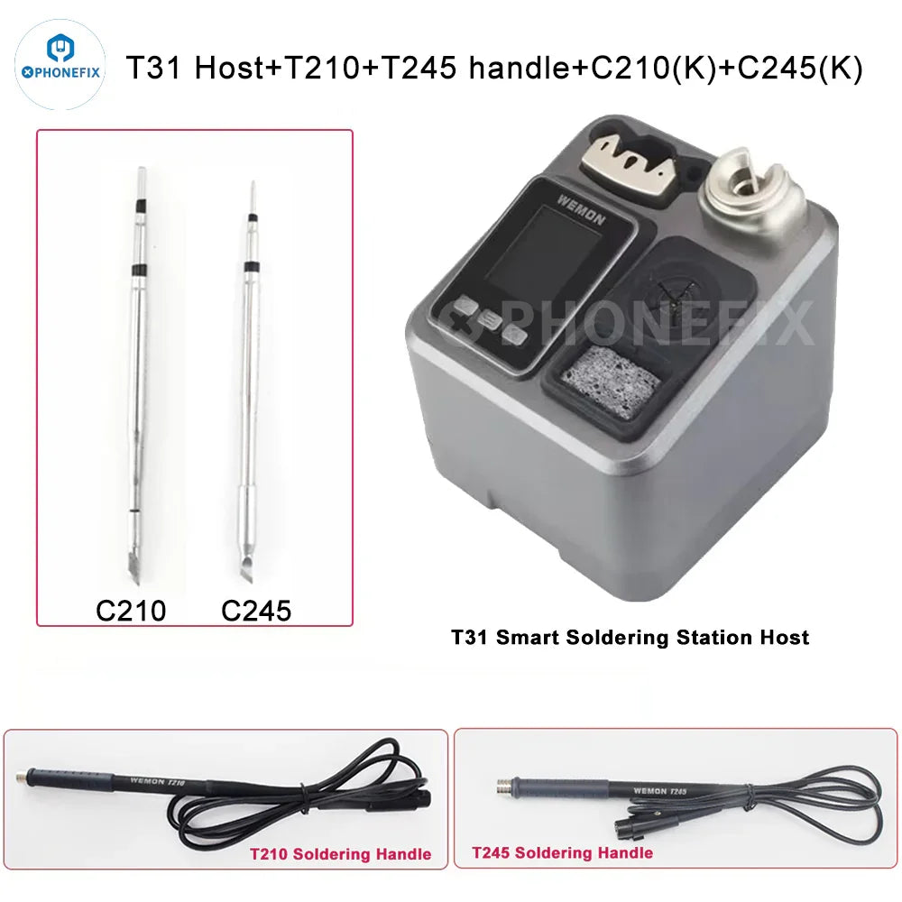 WEMON T31 BGA soldering station by PHONEFIX with three compatible C115, C210, C245 iron tips for precise electronic soldering.