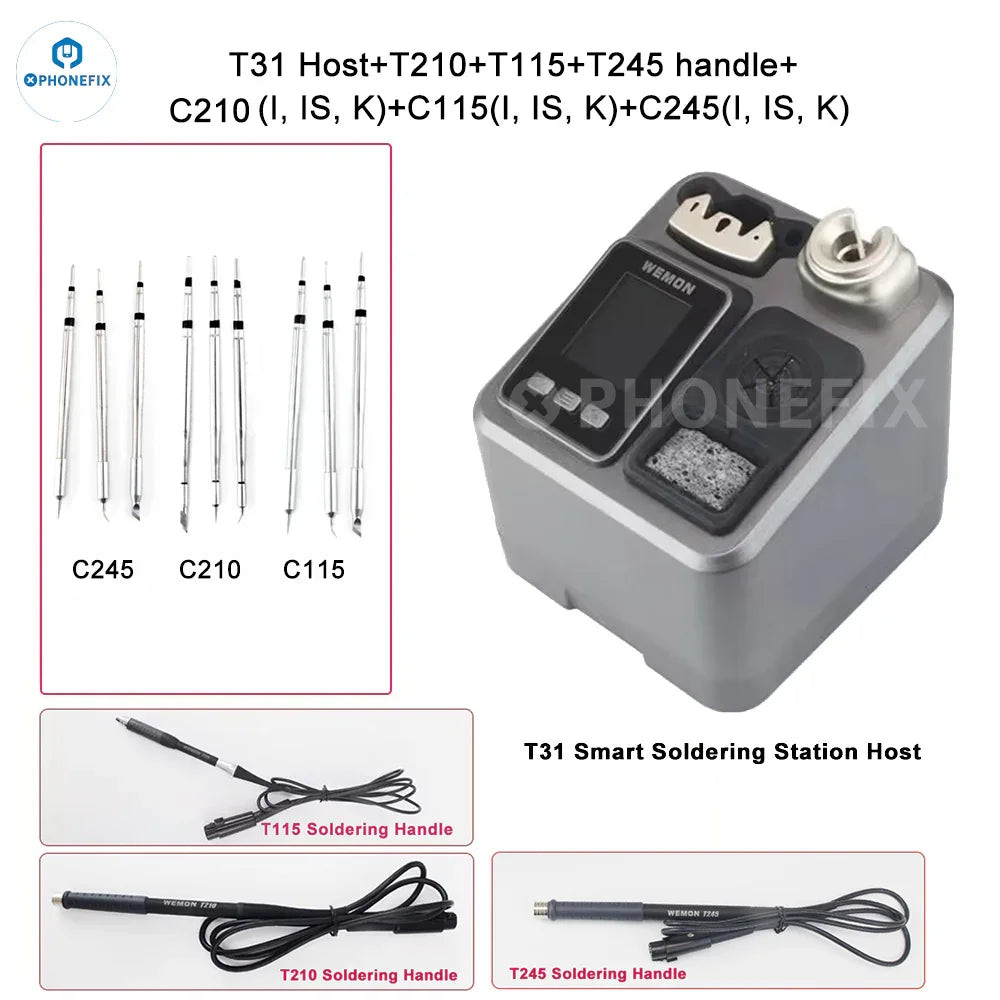 WEMON T31 BGA Soldering Station by PHONEFIX with three compatible C115, C210, C245 iron tips for precise soldering work.