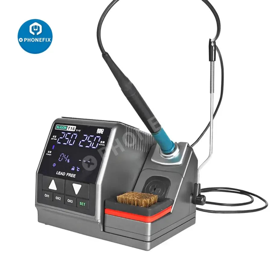 SUGON T16 BGA soldering station for phone PCB repair, with precision tools and control panel, by PHONEFIX.
