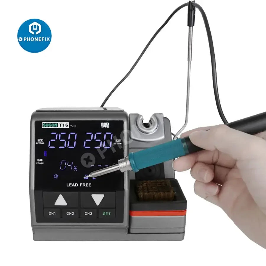SUGON T16 BGA soldering rework station for phone PCB repair, featuring precision tools and a compact design by PHONEFIX.