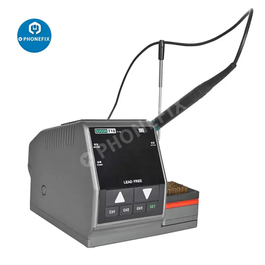 SUGON T16 BGA Soldering Station for phone PCB repair by PHONEFIX, featuring precision tools and digital controls for electronics work.