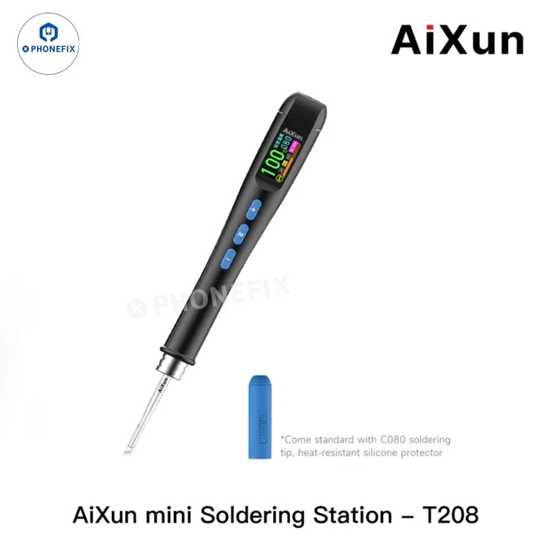 PhoneFix AiXun T208 Mini BGA Soldering Iron Station for Phone PCB Repair with standard tip, compact soldering tool.