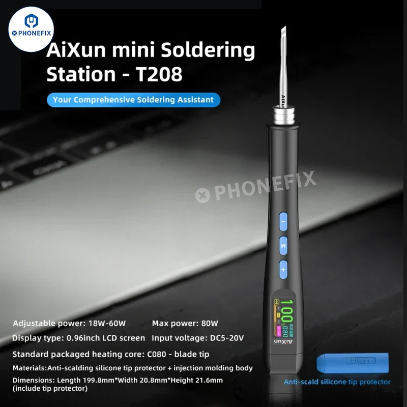 Phonefix AiXun T208 Mini BGA Soldering Iron Station for phone PCB repair with standard tip, compact soldering tool for electronics.