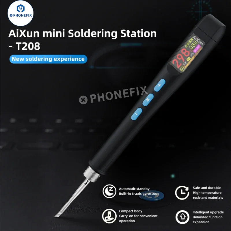 Phonefix AiXun T208 Mini BGA Soldering Iron Station for phone PCB repair with standard tip, compact design for precise soldering.