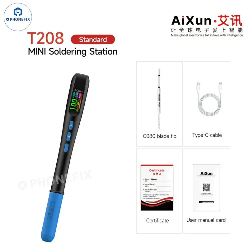 Phonefix AiXun T208 Mini BGA Soldering Iron Station for phone PCB repair with standard tip, compact soldering tool for electronics repair