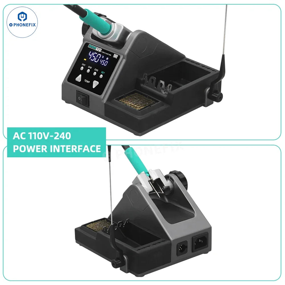 PHONEFIX SUGON T21 BGA Soldering Station with C210/115/245 tips for phone repair, showing the soldering station and tips.