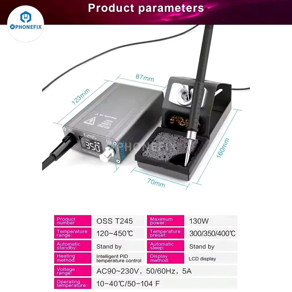 PhoneFix OSS T210 T245 T115 BGA Soldering Station with compatible C210, C245, C115 tips for precise circuit board work.