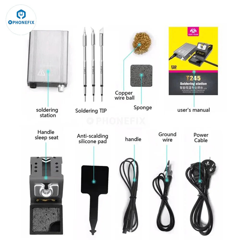 PhoneFix BGA soldering station T210 T245 T115 with compatible C210, C245, C115 tips for precise soldering work.