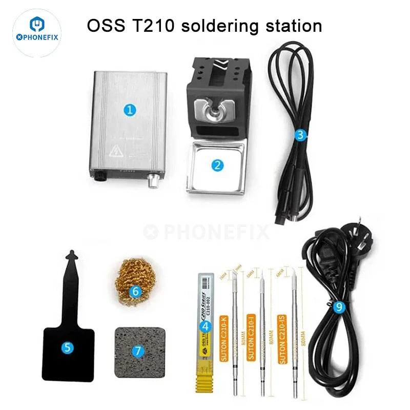 Phonefix OSS T210 T245 T115 BGA Soldering Station with compatible C210/245/115 tips, shown with soldering tools and station setup.