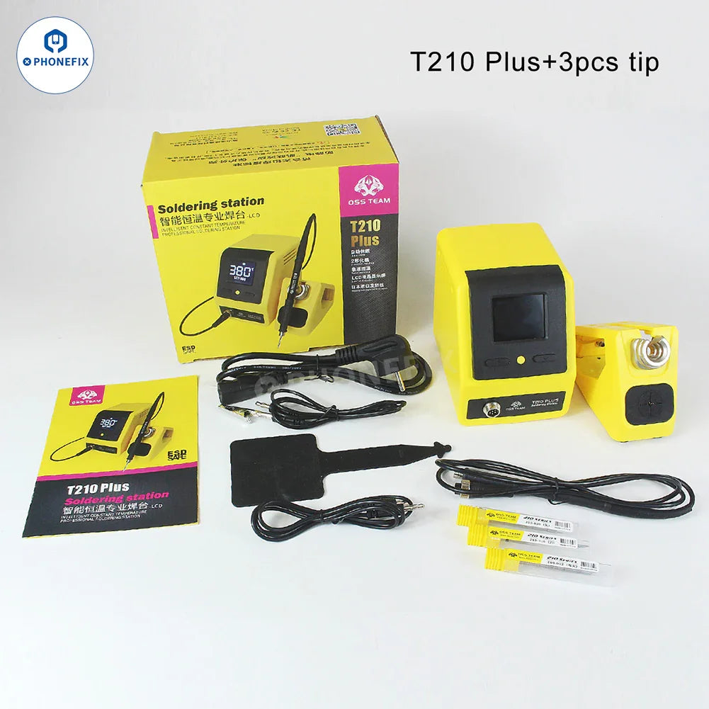 PhoneFix OSS T210 T245 T115 BGA soldering station with compatible C210, C245, C115 tips for precise soldering tasks.