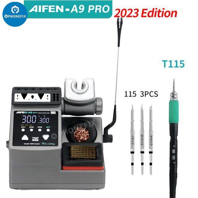 AIFEN A9 Pro 120W BGA soldering station with C210, C245, and C115 iron tips for phone repair.