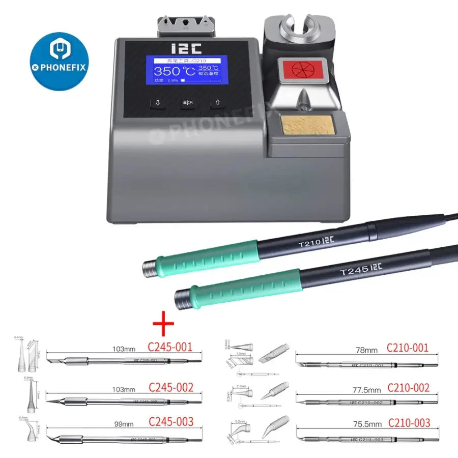 i2C 2SCNi Nano Soldering Station by PHONEFIX with JBC C115, C210, C245 handle for BGA soldering, shown with handle and station components