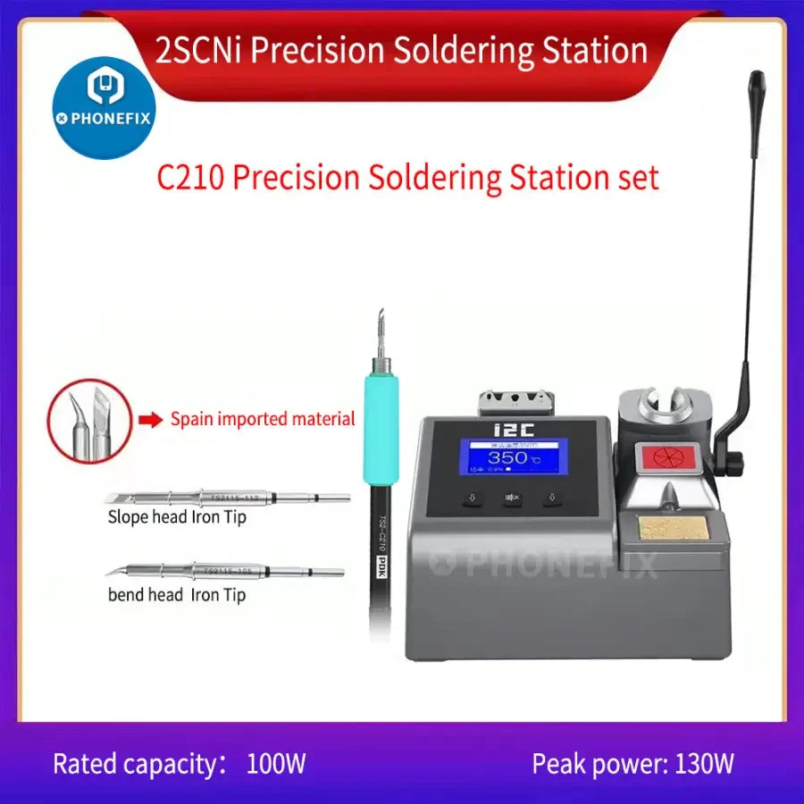 i2C 2SCNi Nano BGA soldering station handle by PHONEFIX, compatible with JBC C115 C210 C245 soldering tools, shown on a workbench.