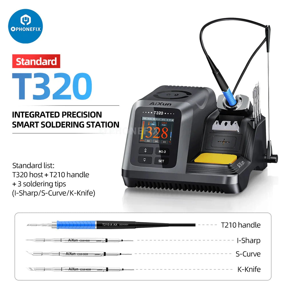 Aixun T320 smart BGA soldering station with T245/210 handle, featuring three tips and a precision control interface.