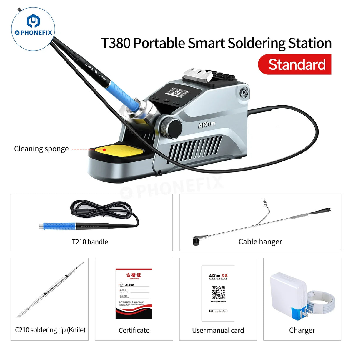 AIXUN T380 portable BGA soldering station by PHONEFIX with C210 and C115 iron tips and supporting accessories for precise soldering.