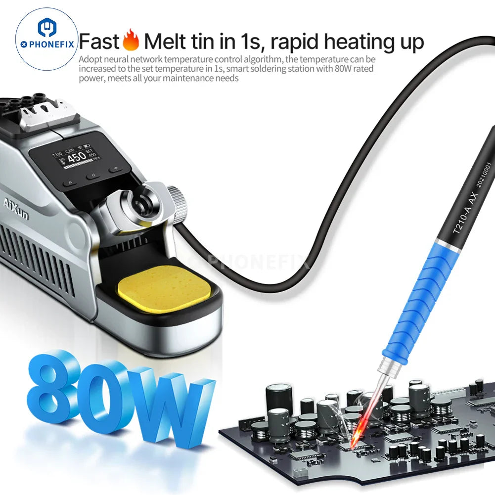 AIXUN T380 portable BGA soldering station with C210 and C115 iron tips, designed for precise soldering tasks.
