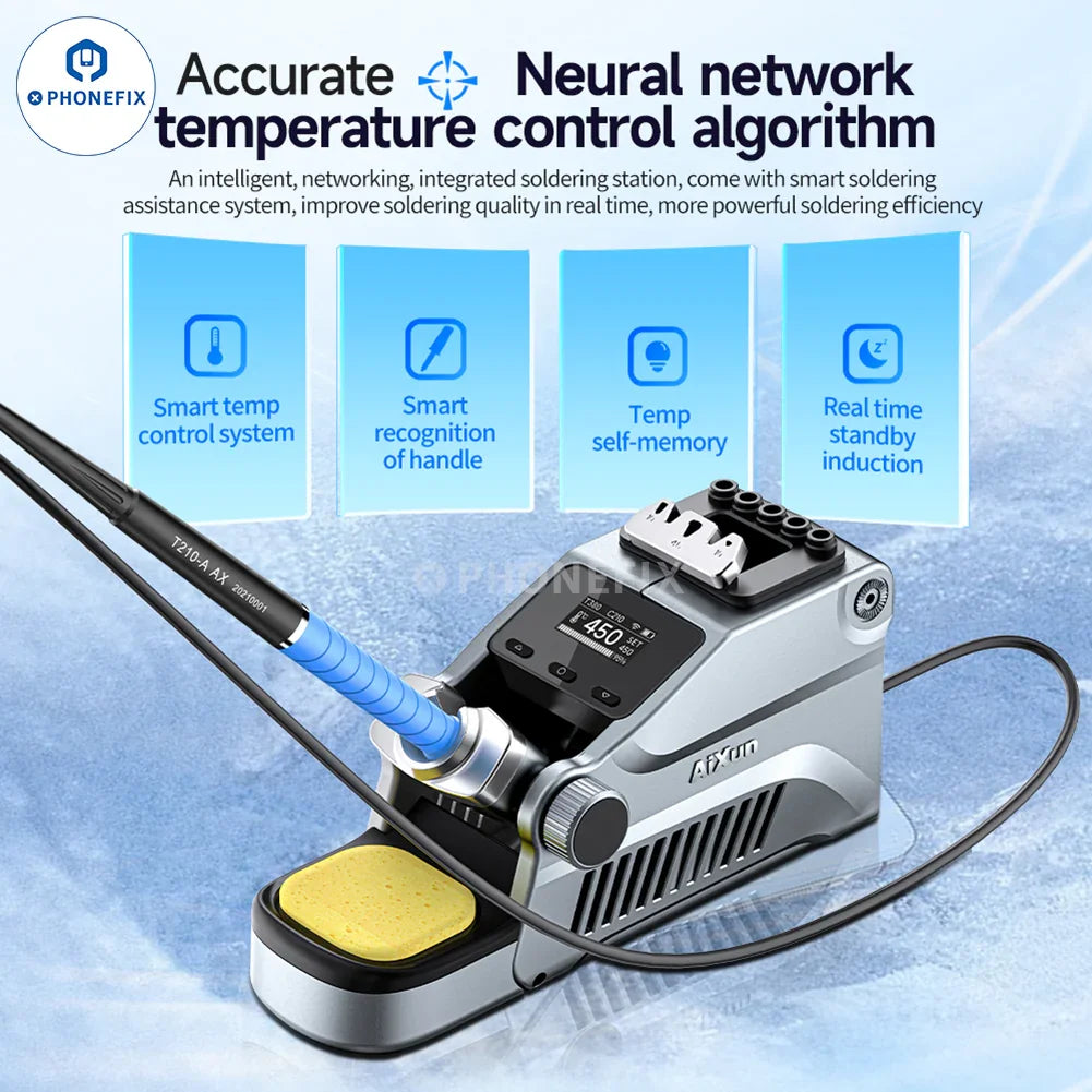 AIXUN T380 portable BGA soldering station by PHONEFIX with C210 and C115 iron tips, featuring cable clip and 220V EU power supply.