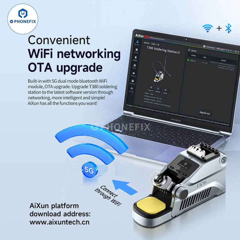 AIXUN T380 portable BGA soldering station by PHONEFIX with C210 and C115 iron tips and accessories, 220V EU plug.