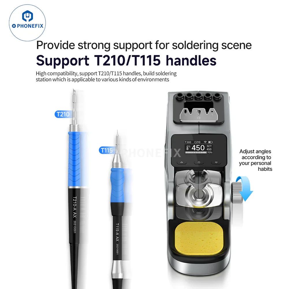 AIXUN T380 portable BGA soldering station by PHONEFIX with C210 and C115 iron tips, featuring control unit and cable clip.
