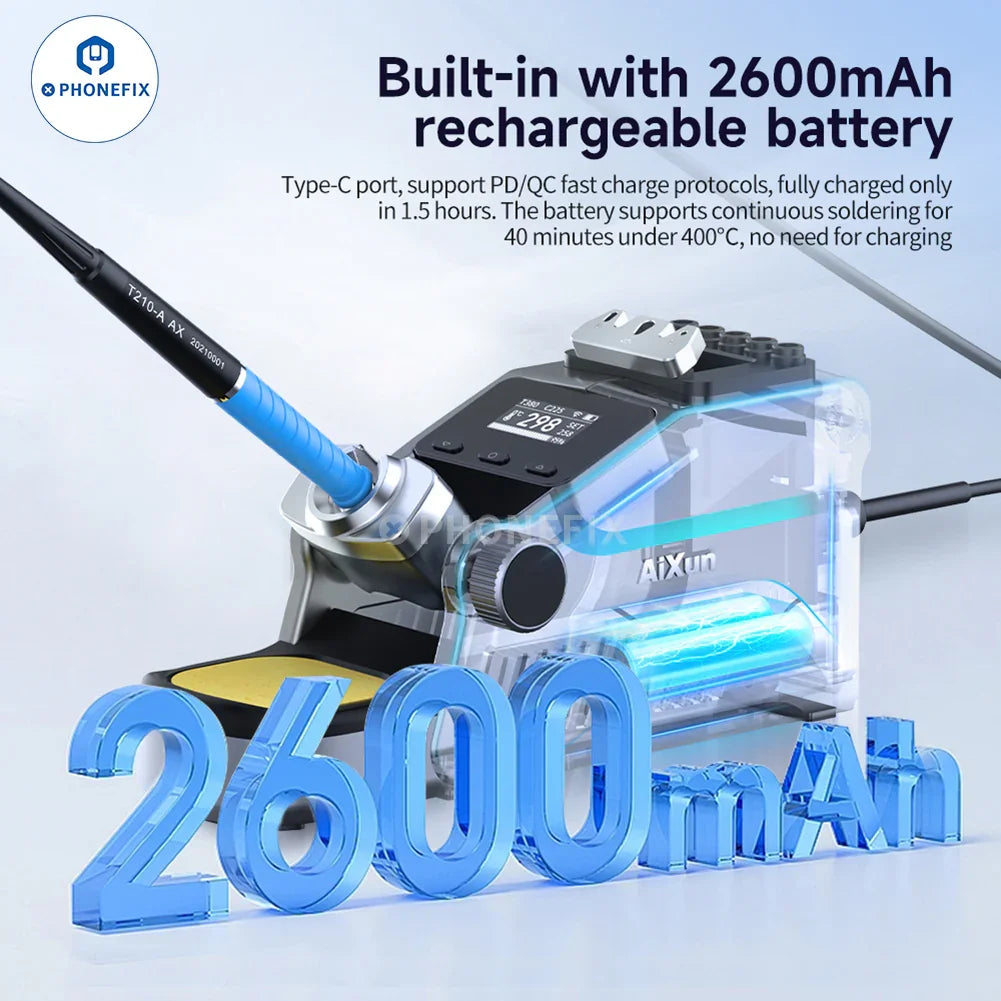 AIXUN T380 portable BGA soldering station by PHONEFIX with C210 and C115 iron tips, compact design, and cable clip for electronics repair.