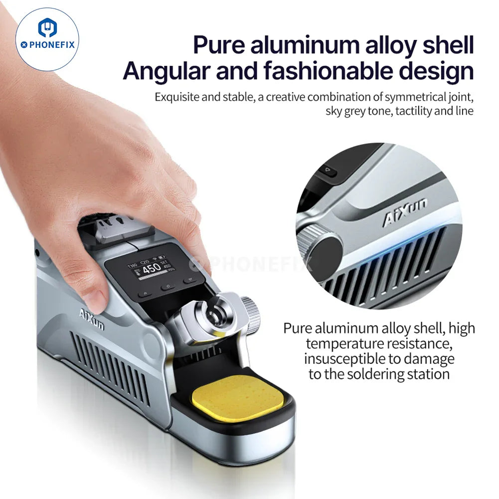 AIXUN T380 portable BGA soldering station by PHONEFIX with C210 and C115 iron tips, featuring cable clip and 220V EU power supply.