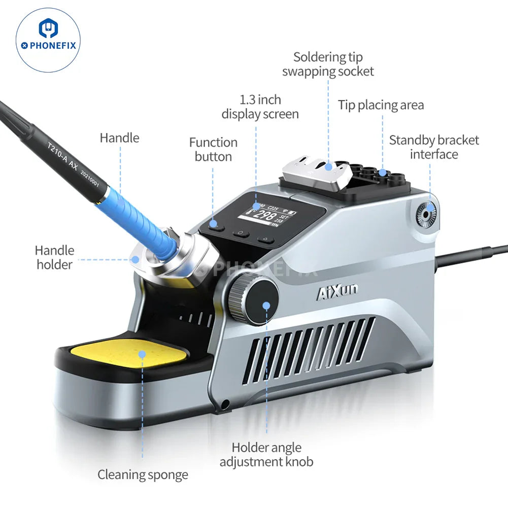 AIXUN T380 portable BGA soldering station by PHONEFIX with C210 and C115 iron tips, compact design, and accessories.