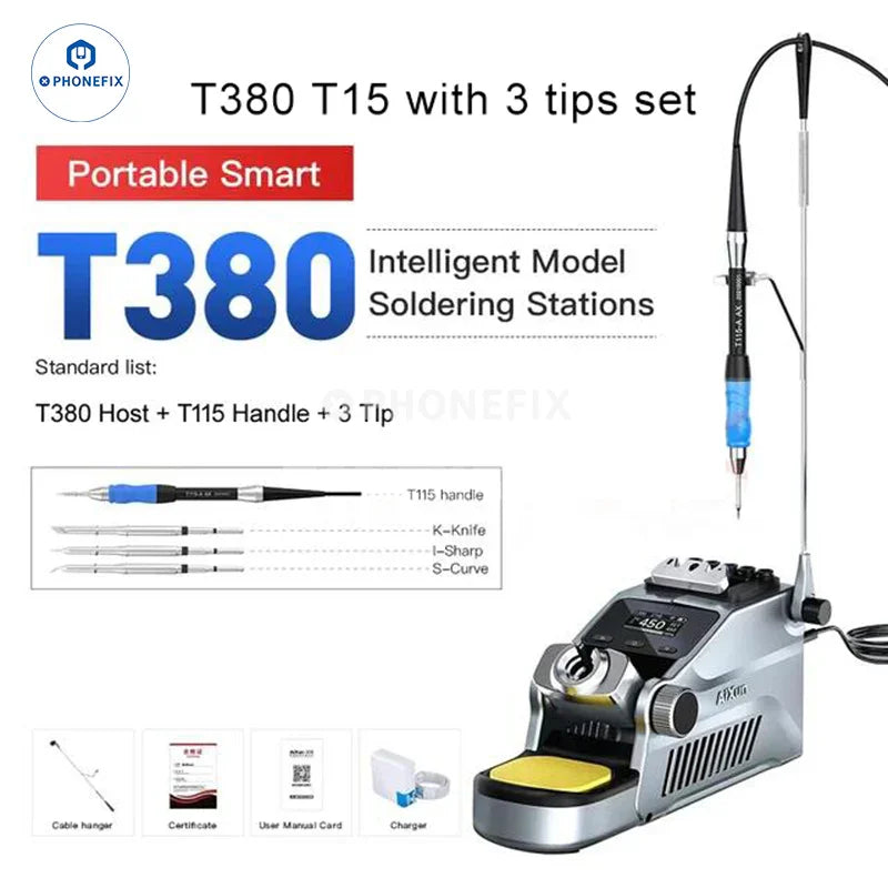 AIXUN T380 portable BGA soldering station by PHONEFIX with C210 and C115 iron tips and supporting cable clip.
