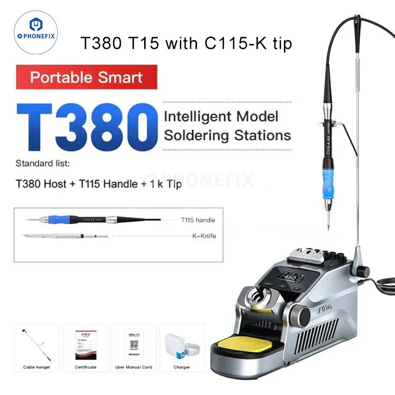AIXUN T380 portable BGA soldering station by PHONEFIX with C210 and C115 iron tips, featuring cable clip and compact design.