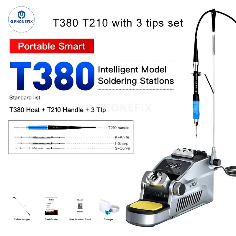 AIXUN T380 portable BGA soldering station by PHONEFIX with C210 and C115 iron tips, featuring cable clip and compact design.