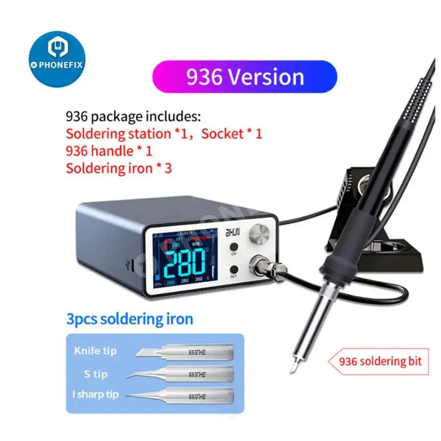 AIXUN T3A BGA soldering station with T245 handle and iron tips, used for electronic circuit board repair and soldering tasks.